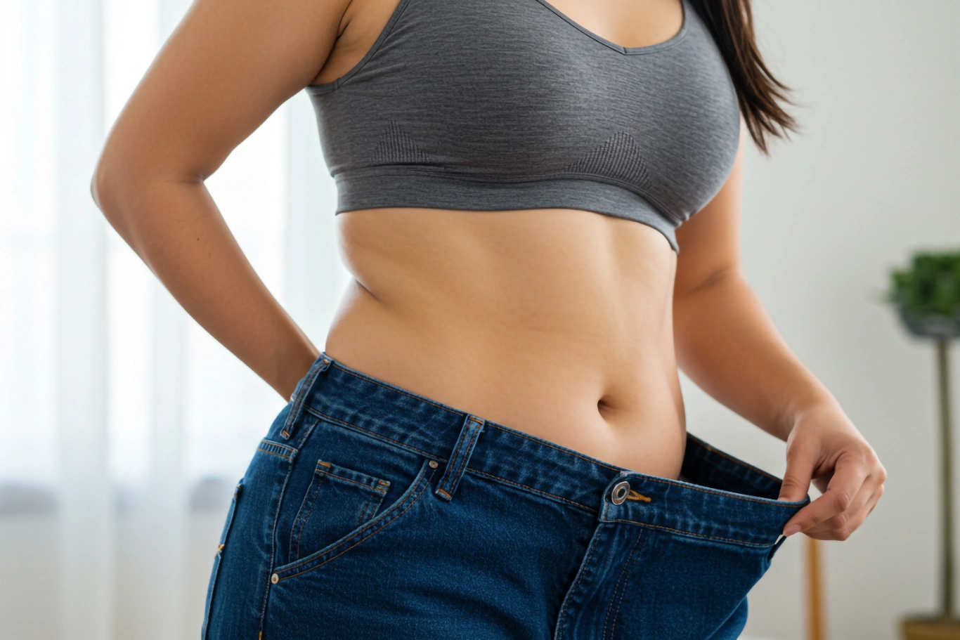 Woman in gray sports bra showing loose jeans after weight loss